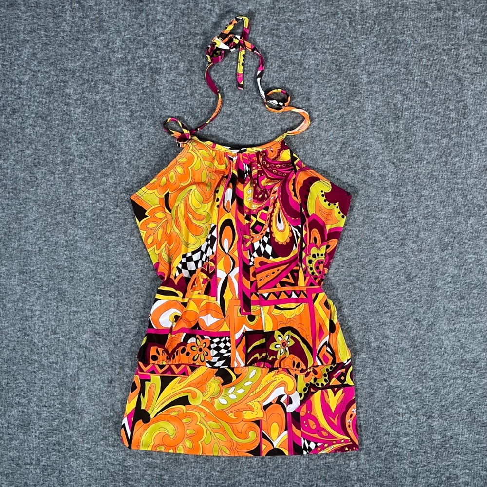 A. Byer Vintage Y2K Halter Top Orange Pink Psychedelic Paisley Print Small USA